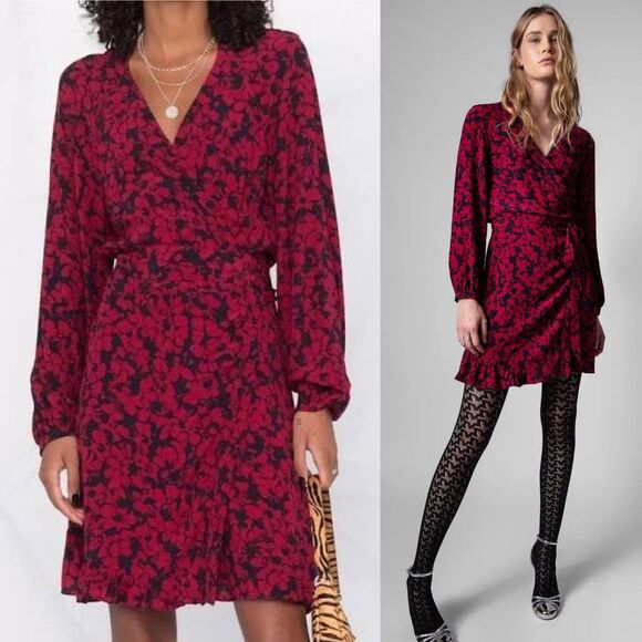 Zadig & Voltaire Wrap Russo Bico Flowers Long Sleeve Dress Burgundy L